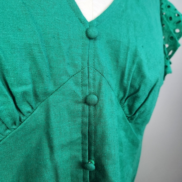 Fairycore Green Linen Blend Milkmaid Sleeveless Top Eyelet Ruffle Sleeves Size M - Picture 4 of 9